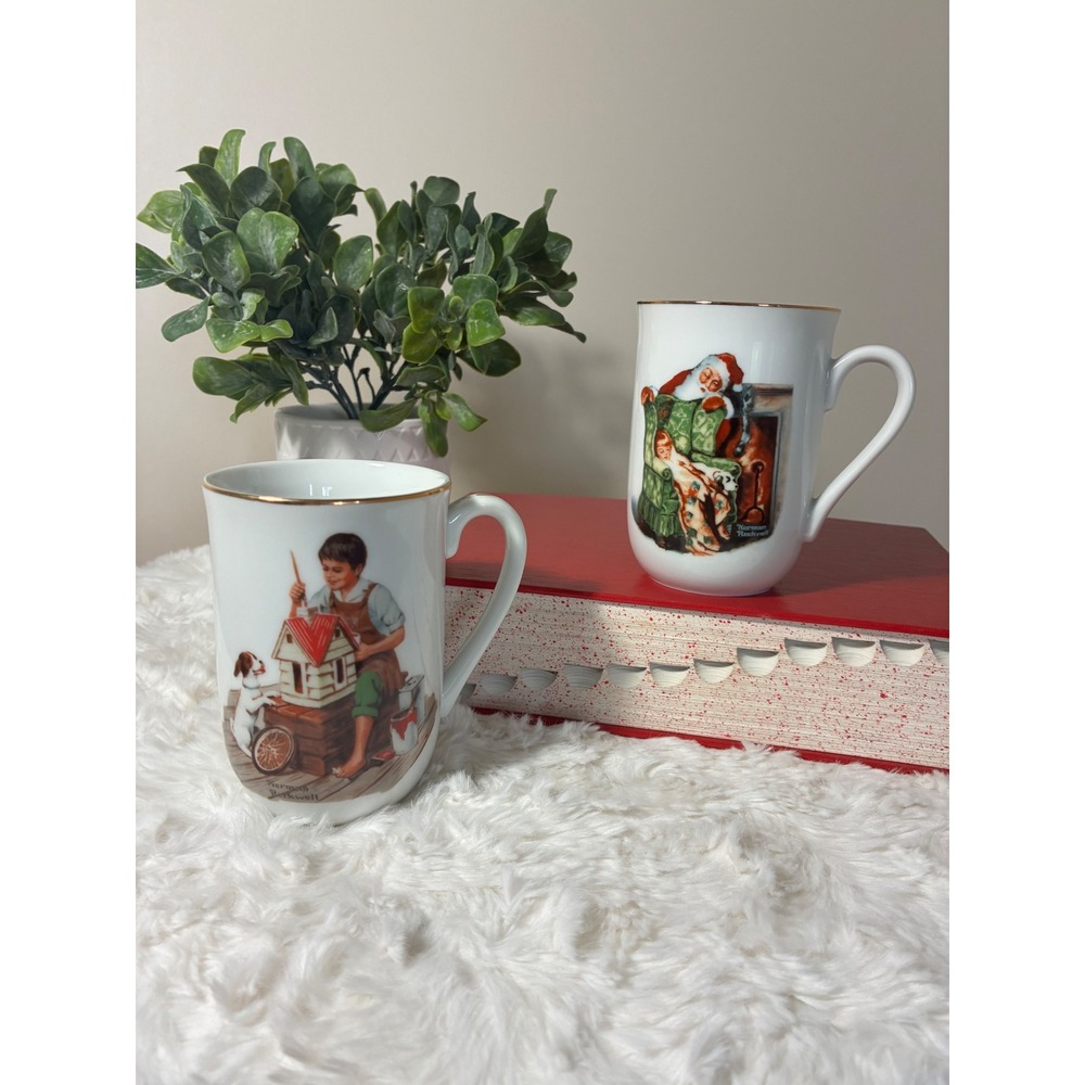 Vintage Norman Rockwell Museum Mugs Set of 2 Waiting for Santa Dollhouse for Sis